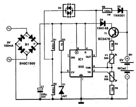 9V Automatic Battery NiCd Charger using 555 IC | Schematics World